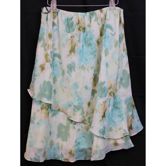 R&M Richards Outfit sz 18 W Teal Floral Shirt Tiered Skirt Spring Assmytrical - Picture 8 of 12